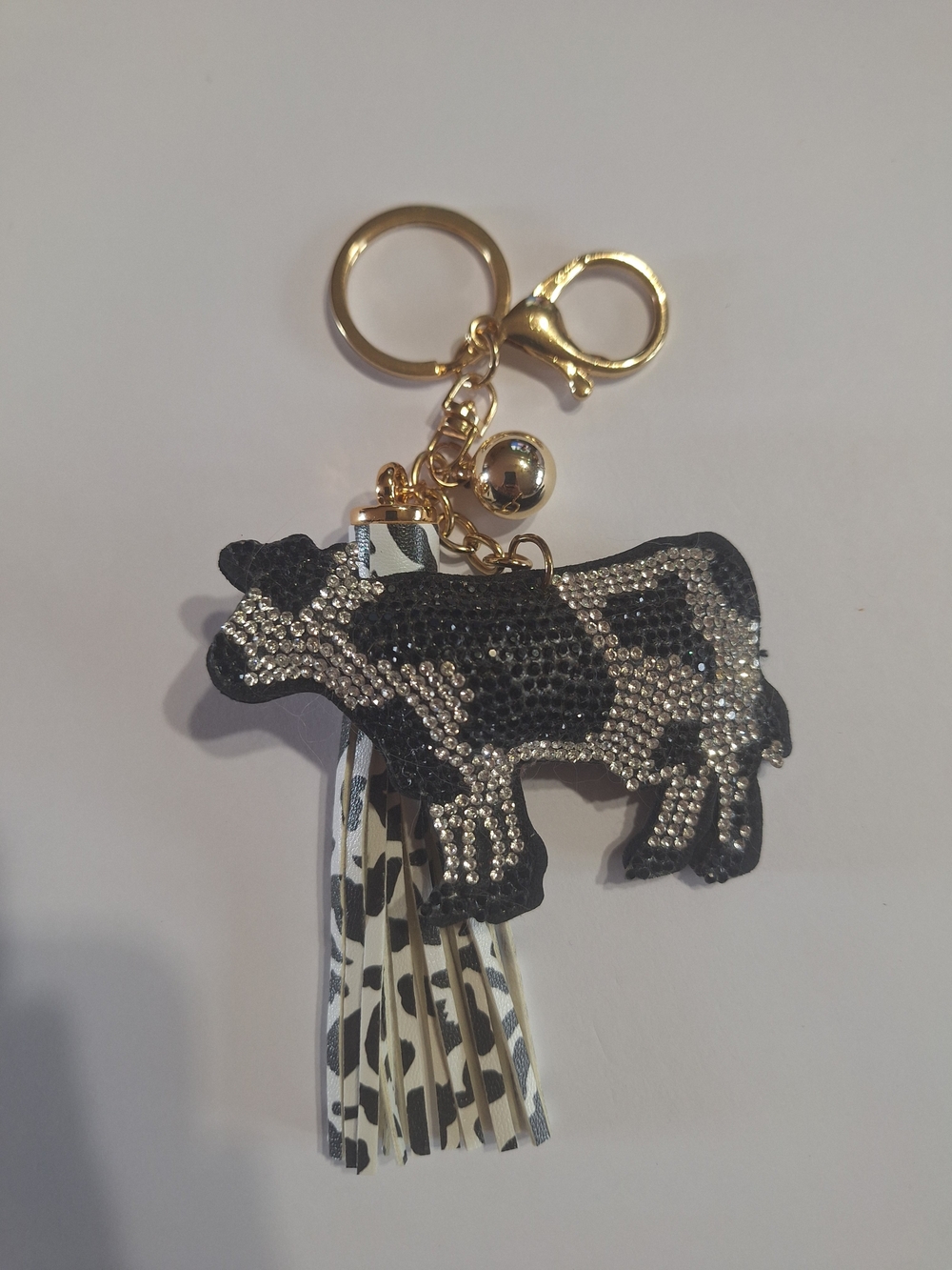 Crystal Cow Charm Keychain - Black and Silver